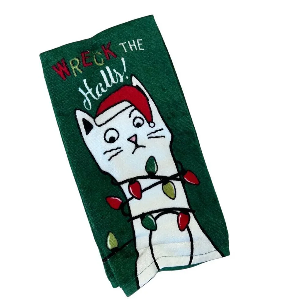 NEW RITZ Christmas Cat Wreck The Halls Kitchen Towel Bath Hand Towel Set of 2